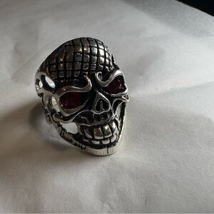 Silver Skull Ring with Red Accents